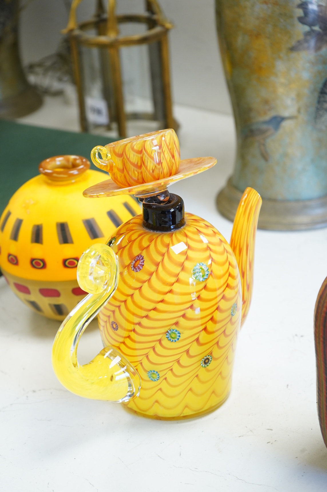 A contemporary glass Kama teapot sculpture - 22cm high and two studio glass vases, one indistinctly signed